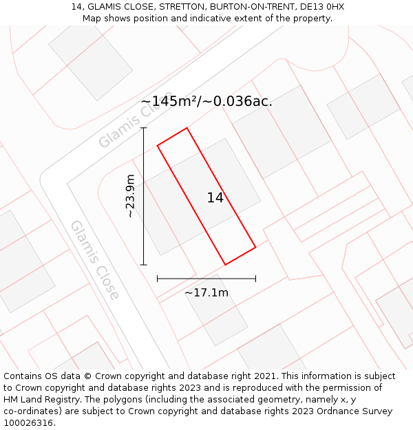 14, GLAMIS CLOSE, STRETTON, BURTON-ON-TRENT, DE13 0HX: Plot and title map