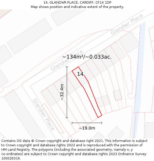 14, GLANDWR PLACE, CARDIFF, CF14 1DP: Plot and title map