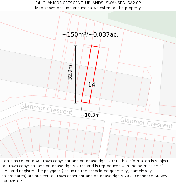 14, GLANMOR CRESCENT, UPLANDS, SWANSEA, SA2 0PJ: Plot and title map