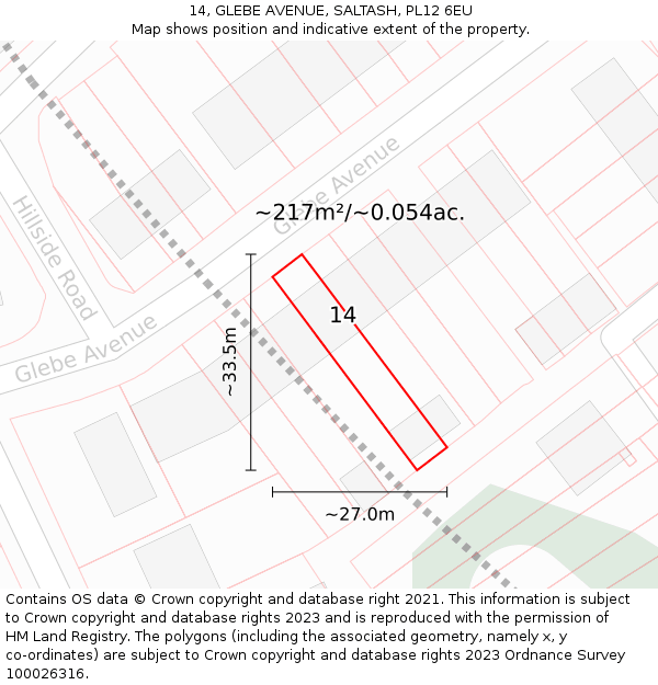 14, GLEBE AVENUE, SALTASH, PL12 6EU: Plot and title map