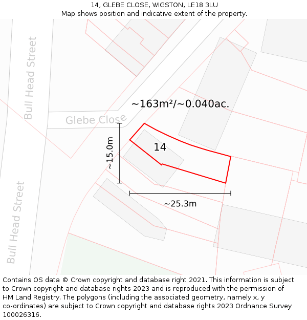 14, GLEBE CLOSE, WIGSTON, LE18 3LU: Plot and title map