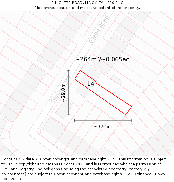 14, GLEBE ROAD, HINCKLEY, LE10 1HG: Plot and title map