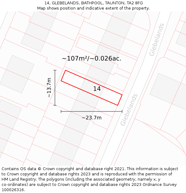 14, GLEBELANDS, BATHPOOL, TAUNTON, TA2 8FG: Plot and title map
