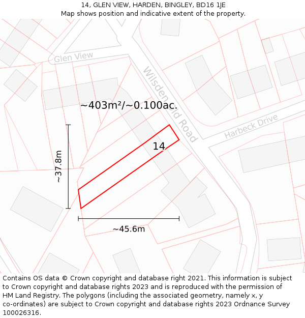 14, GLEN VIEW, HARDEN, BINGLEY, BD16 1JE: Plot and title map
