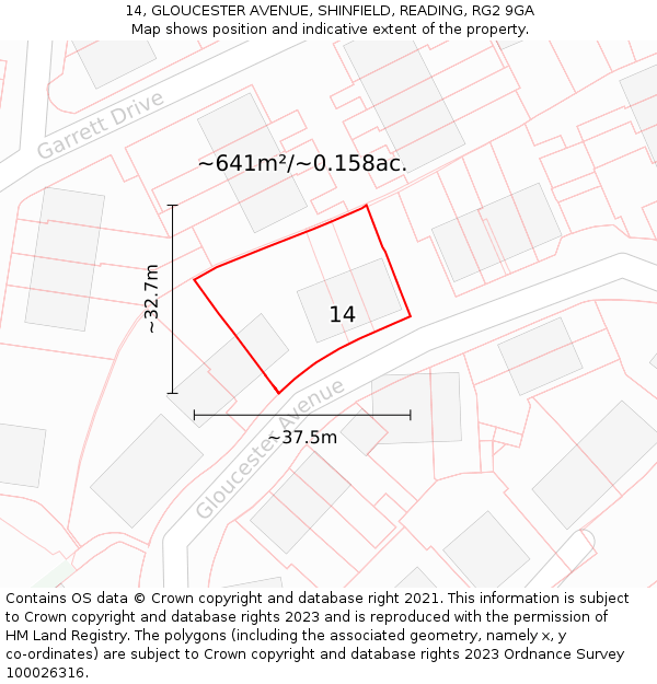 14, GLOUCESTER AVENUE, SHINFIELD, READING, RG2 9GA: Plot and title map