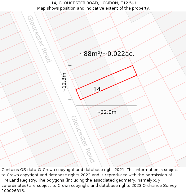 14, GLOUCESTER ROAD, LONDON, E12 5JU: Plot and title map
