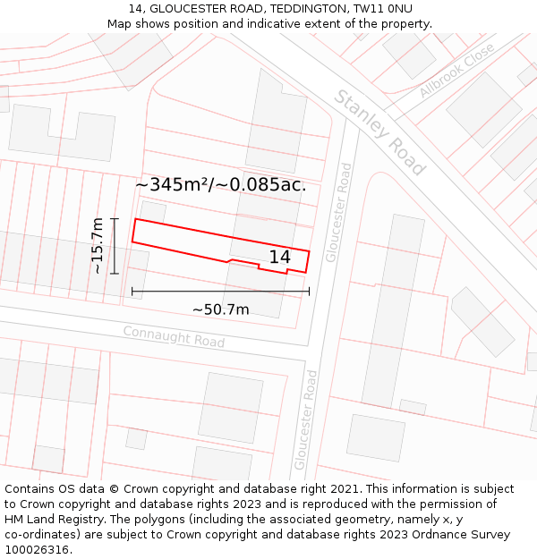 14, GLOUCESTER ROAD, TEDDINGTON, TW11 0NU: Plot and title map