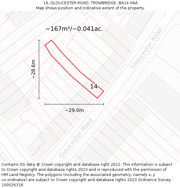 14, GLOUCESTER ROAD, TROWBRIDGE, BA14 0AA: Plot and title map