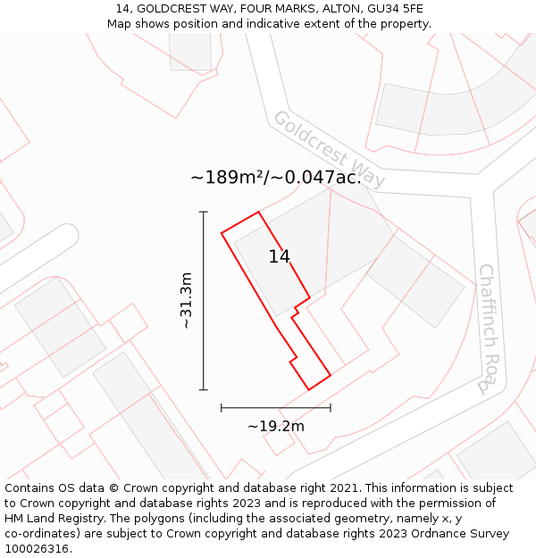 14, GOLDCREST WAY, FOUR MARKS, ALTON, GU34 5FE: Plot and title map