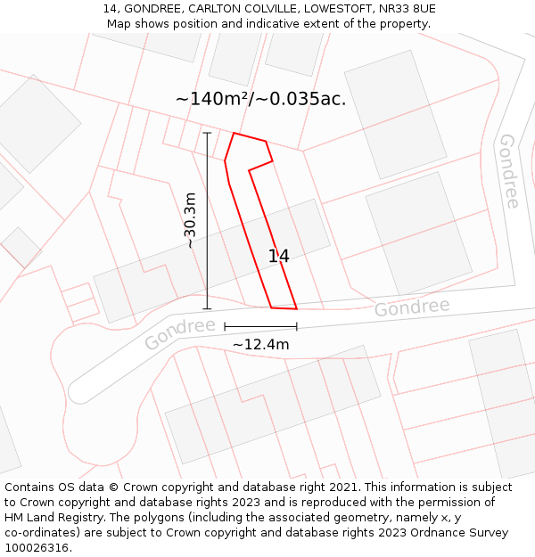 14, GONDREE, CARLTON COLVILLE, LOWESTOFT, NR33 8UE: Plot and title map