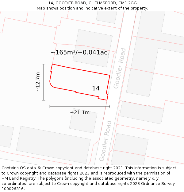 14, GOODIER ROAD, CHELMSFORD, CM1 2GG: Plot and title map