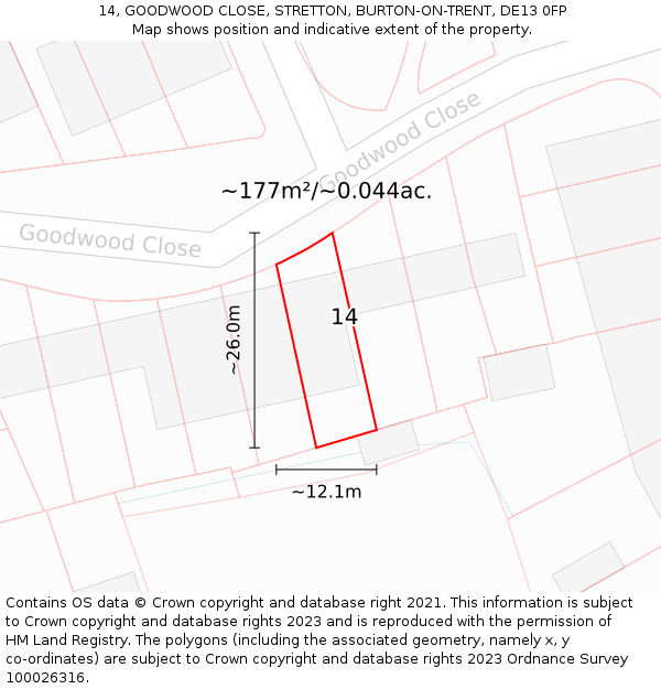 14, GOODWOOD CLOSE, STRETTON, BURTON-ON-TRENT, DE13 0FP: Plot and title map