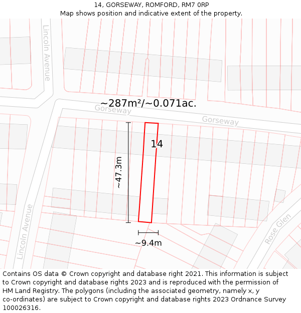 14, GORSEWAY, ROMFORD, RM7 0RP: Plot and title map