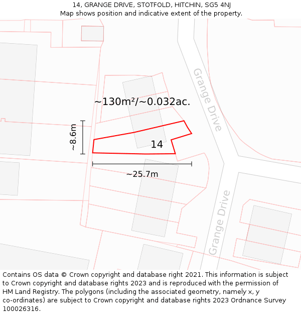 14, GRANGE DRIVE, STOTFOLD, HITCHIN, SG5 4NJ: Plot and title map