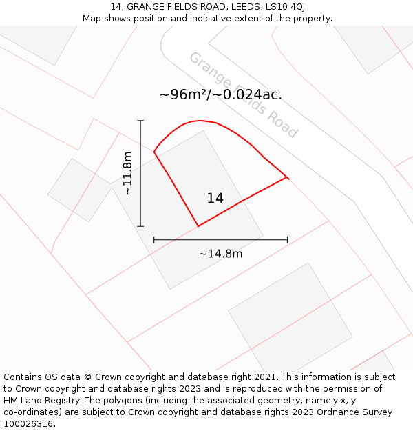 14, GRANGE FIELDS ROAD, LEEDS, LS10 4QJ: Plot and title map
