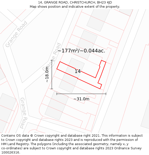 14, GRANGE ROAD, CHRISTCHURCH, BH23 4JD: Plot and title map