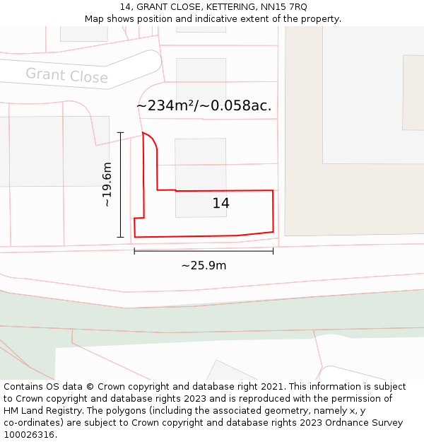 14, GRANT CLOSE, KETTERING, NN15 7RQ: Plot and title map