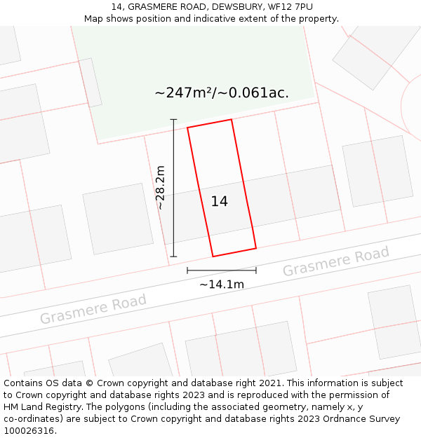 14, GRASMERE ROAD, DEWSBURY, WF12 7PU: Plot and title map