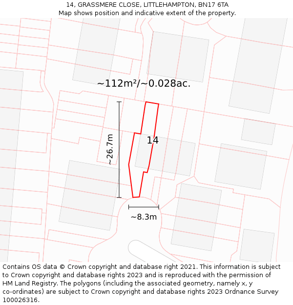 14, GRASSMERE CLOSE, LITTLEHAMPTON, BN17 6TA: Plot and title map