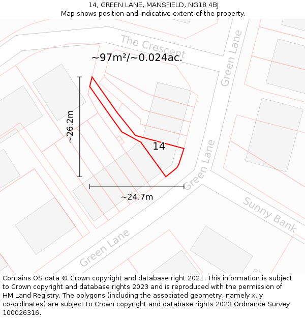 14, GREEN LANE, MANSFIELD, NG18 4BJ: Plot and title map