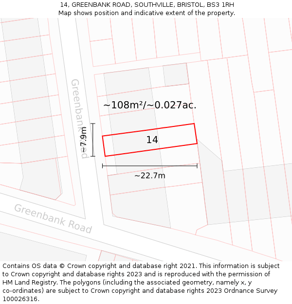 14, GREENBANK ROAD, SOUTHVILLE, BRISTOL, BS3 1RH: Plot and title map