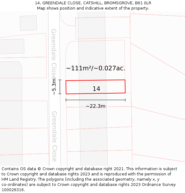 14, GREENDALE CLOSE, CATSHILL, BROMSGROVE, B61 0LR: Plot and title map