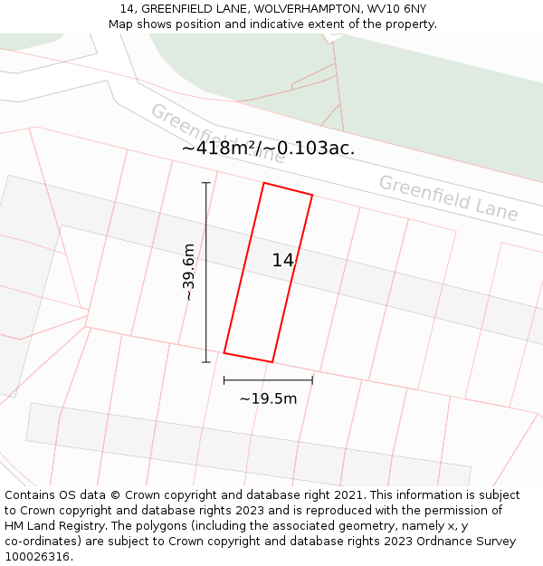 14, GREENFIELD LANE, WOLVERHAMPTON, WV10 6NY: Plot and title map