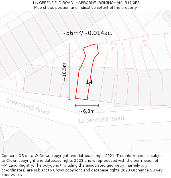 14, GREENFIELD ROAD, HARBORNE, BIRMINGHAM, B17 0EE: Plot and title map