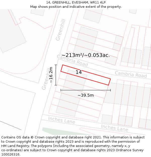 14, GREENHILL, EVESHAM, WR11 4LP: Plot and title map
