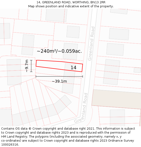 14, GREENLAND ROAD, WORTHING, BN13 2RR: Plot and title map