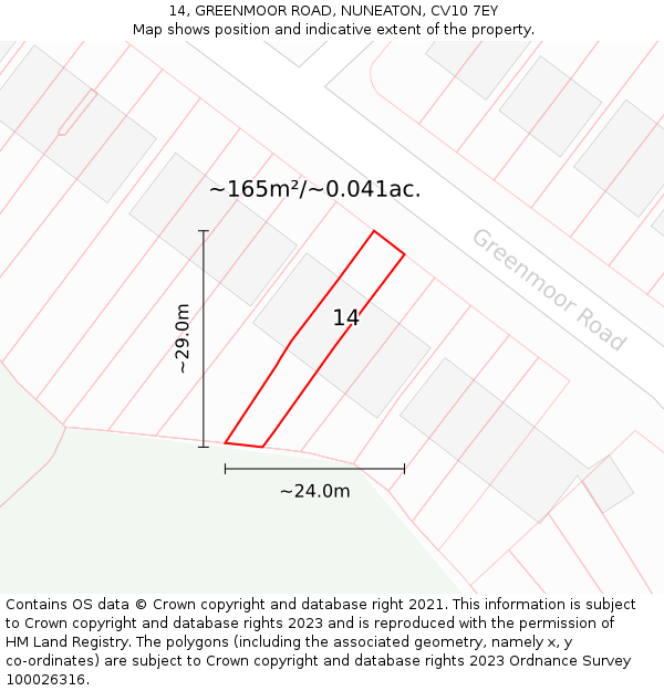 14, GREENMOOR ROAD, NUNEATON, CV10 7EY: Plot and title map