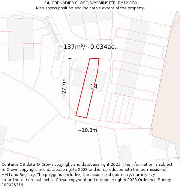 14, GRENADIER CLOSE, WARMINSTER, BA12 8TQ: Plot and title map