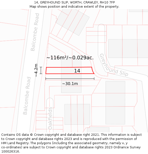 14, GREYHOUND SLIP, WORTH, CRAWLEY, RH10 7FP: Plot and title map