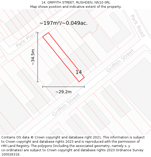 14, GRIFFITH STREET, RUSHDEN, NN10 0RL: Plot and title map