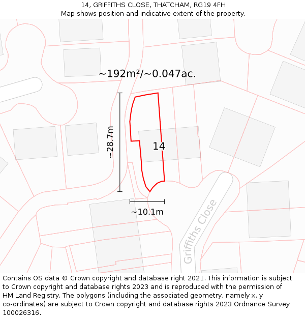 14, GRIFFITHS CLOSE, THATCHAM, RG19 4FH: Plot and title map