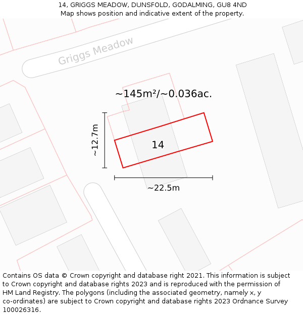 14, GRIGGS MEADOW, DUNSFOLD, GODALMING, GU8 4ND: Plot and title map