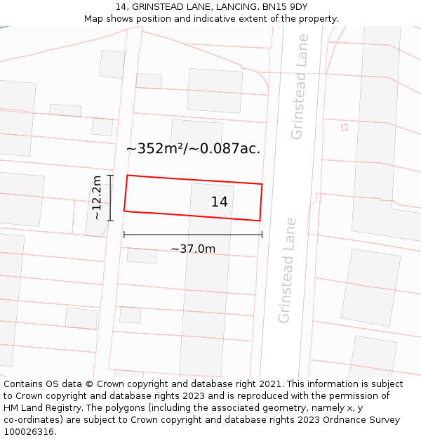 14, GRINSTEAD LANE, LANCING, BN15 9DY: Plot and title map