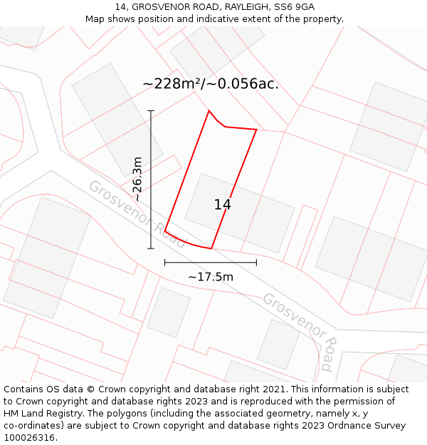 14, GROSVENOR ROAD, RAYLEIGH, SS6 9GA: Plot and title map