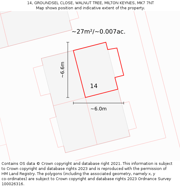 14, GROUNDSEL CLOSE, WALNUT TREE, MILTON KEYNES, MK7 7NT: Plot and title map