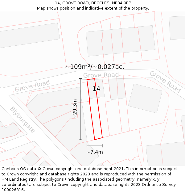 14, GROVE ROAD, BECCLES, NR34 9RB: Plot and title map