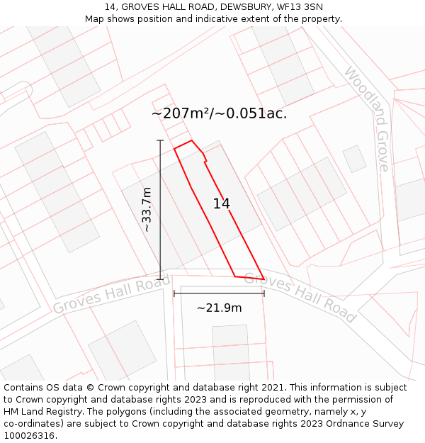 14, GROVES HALL ROAD, DEWSBURY, WF13 3SN: Plot and title map