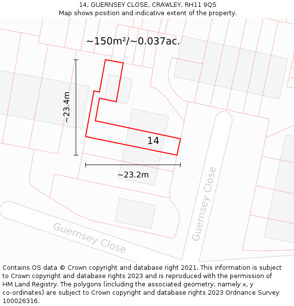 14, GUERNSEY CLOSE, CRAWLEY, RH11 9QS: Plot and title map