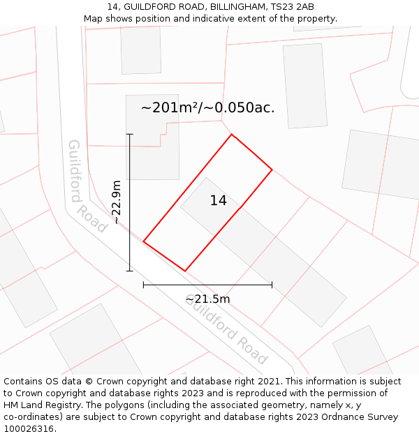 14, GUILDFORD ROAD, BILLINGHAM, TS23 2AB: Plot and title map