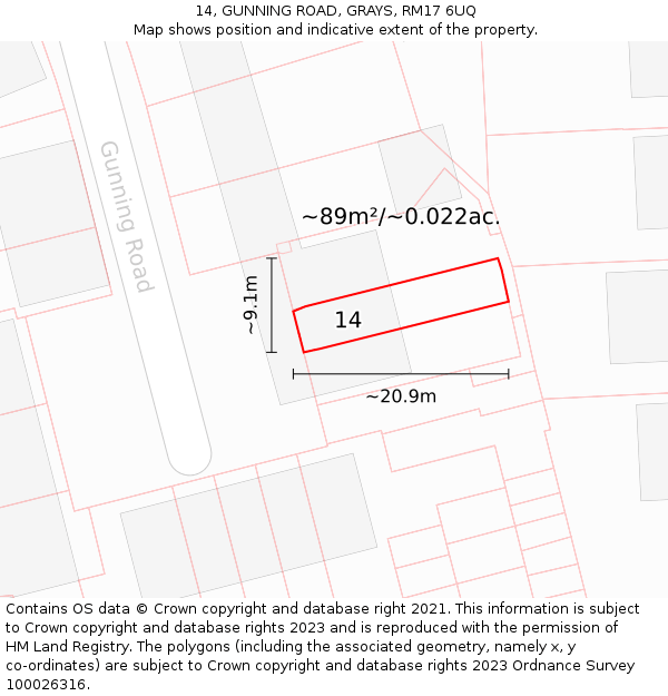 14, GUNNING ROAD, GRAYS, RM17 6UQ: Plot and title map