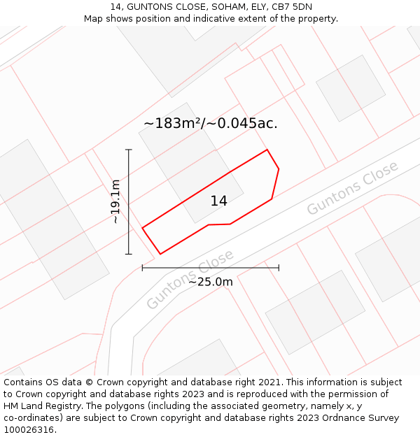 14, GUNTONS CLOSE, SOHAM, ELY, CB7 5DN: Plot and title map