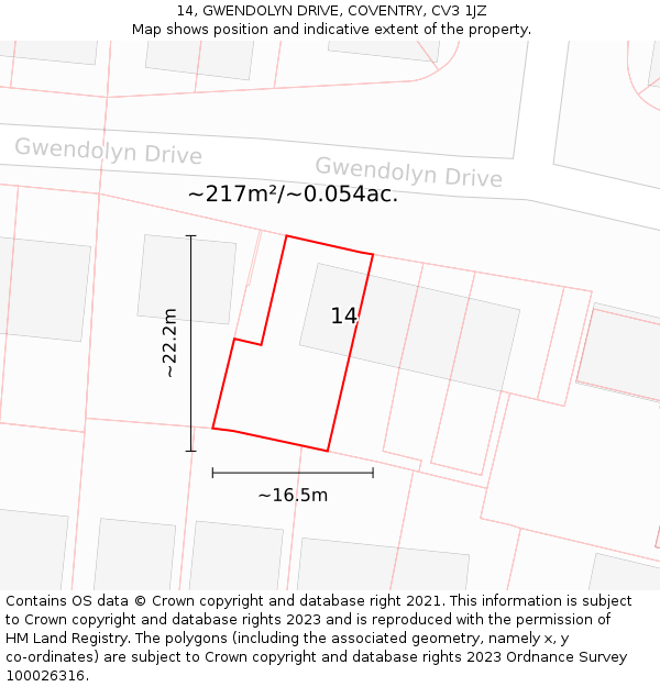14, GWENDOLYN DRIVE, COVENTRY, CV3 1JZ: Plot and title map