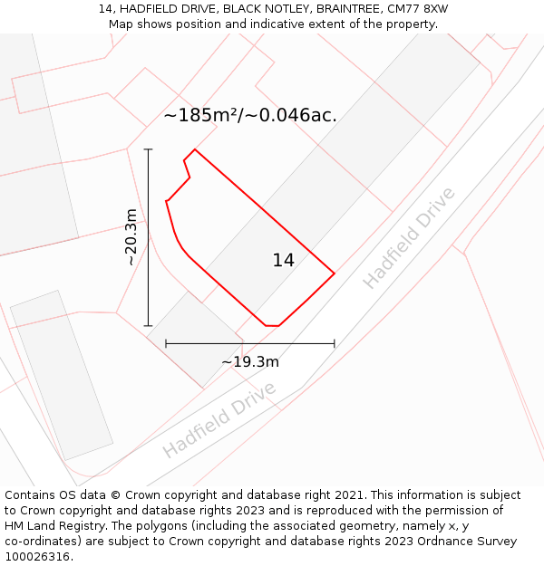 14, HADFIELD DRIVE, BLACK NOTLEY, BRAINTREE, CM77 8XW: Plot and title map