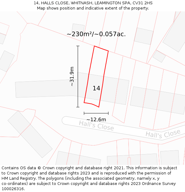 14, HALLS CLOSE, WHITNASH, LEAMINGTON SPA, CV31 2HS: Plot and title map