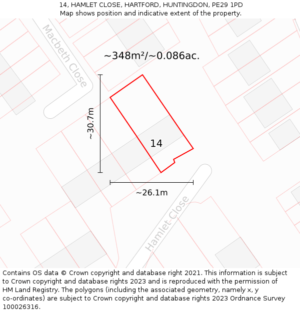 14, HAMLET CLOSE, HARTFORD, HUNTINGDON, PE29 1PD: Plot and title map