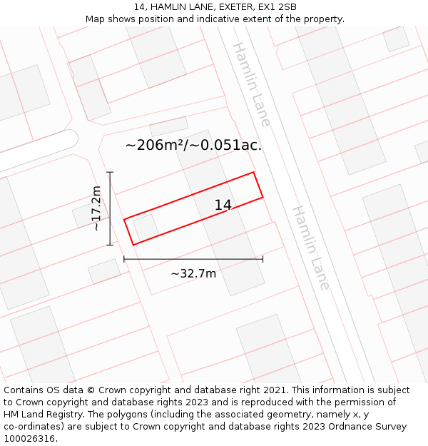 14, HAMLIN LANE, EXETER, EX1 2SB: Plot and title map